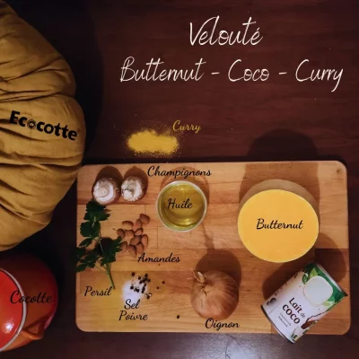 ingrédients recette velouté butternut coco curry en cuisson lente basse température en marmite norvégienne Ecocotte