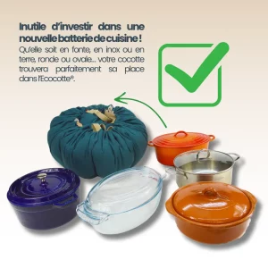 Exemples de cocottes compatibles avec la marmite norvégienne Ecocotte : fonte, inox, verre ou terre, formes rondes ou ovales