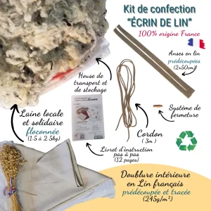 Infographie présentant le contenu du Kit Écrin de Lin Ecocotte: laine locale et solidaire, anses en lin, cordon recyclé, housse, livret d’instructions et doublure intérieure en lin français prédécoupé et tracé.