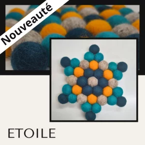 Dessous de plat en boules de feutre de laine en forme d’étoile, couleurs bleu, jaune et gris