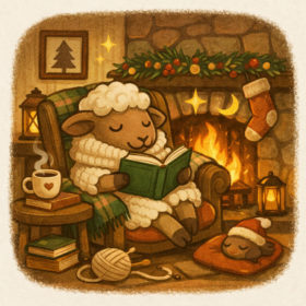 Illustration chaleureuse d’un mouton lisant un livre près d’une cheminée décorée pour l’hiver, représentant la pause hivernale d’une boutique artisanale