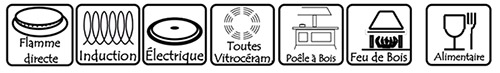 Pictogrammes de compatibilité avec gaz, induction, électrique, vitrocéramique, poêle à bois et feu de bois